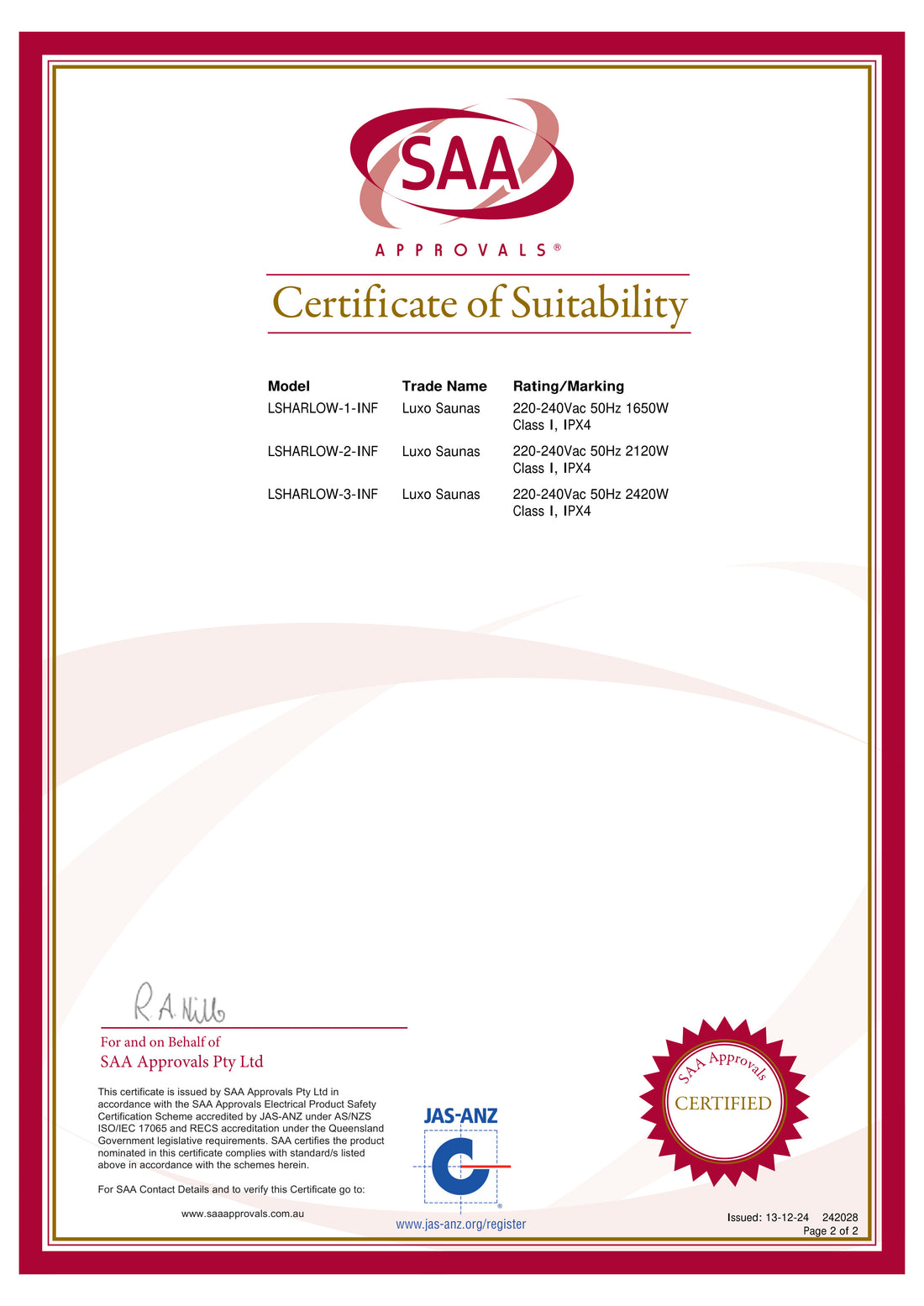 Harlow 3 Person Carbon Fibre Infrared Personal Indoor Sauna certificate showing SAA approval for models LSHARLOW-1-INF to LSHARLOW-3-INF, featuring signature and certification marks, confirming safety compliance for Australian use.