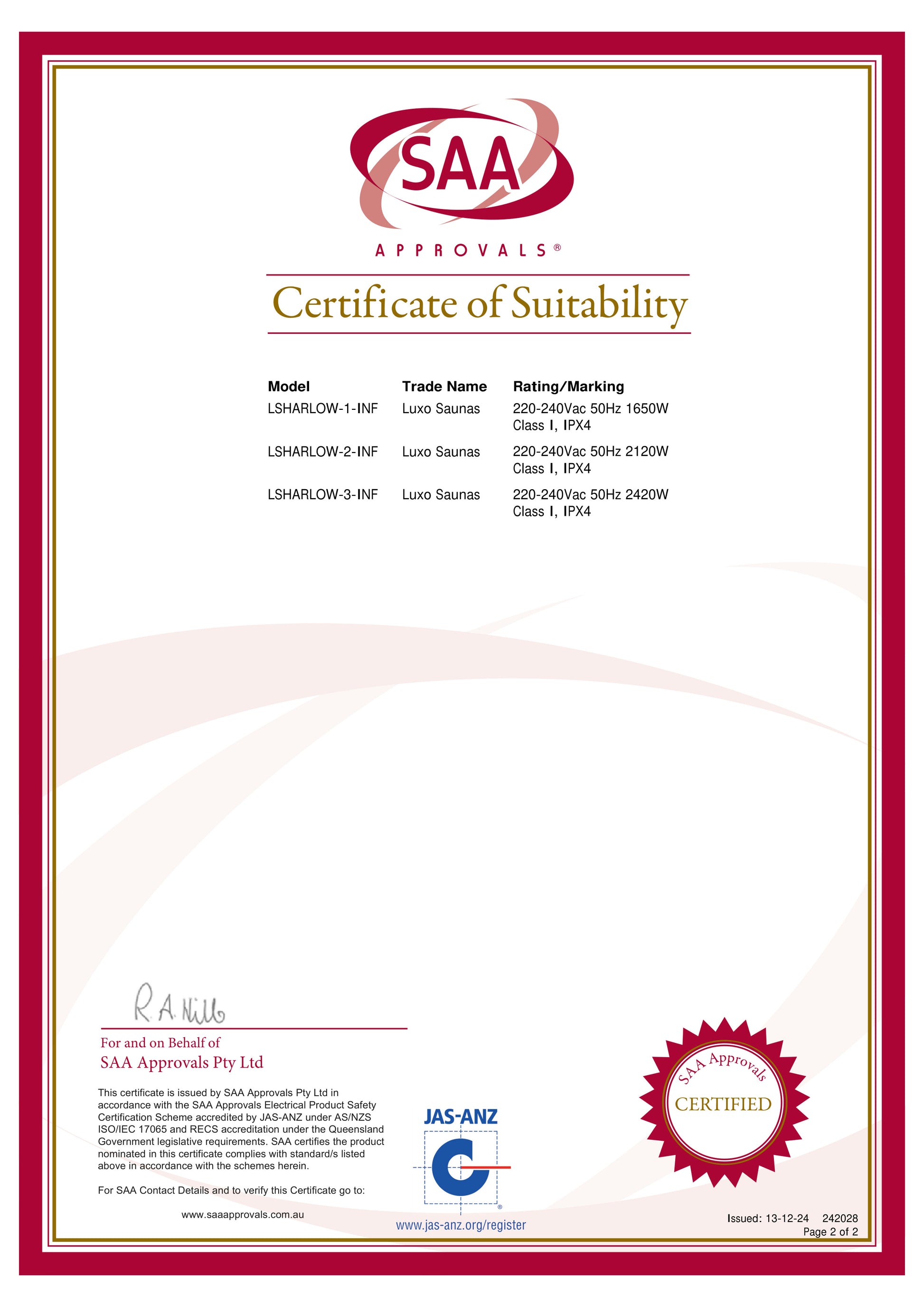 Harlow 3 Person Carbon Fibre Infrared Personal Indoor Sauna certificate showing SAA approval for models LSHARLOW-1-INF to LSHARLOW-3-INF, featuring signature and certification marks, confirming safety compliance for Australian use.