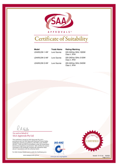 Harlow 3 Person Carbon Fibre Infrared Personal Indoor Sauna certificate showing SAA approval for models LSHARLOW-1-INF to LSHARLOW-3-INF, featuring signature and certification marks, confirming safety compliance for Australian use.