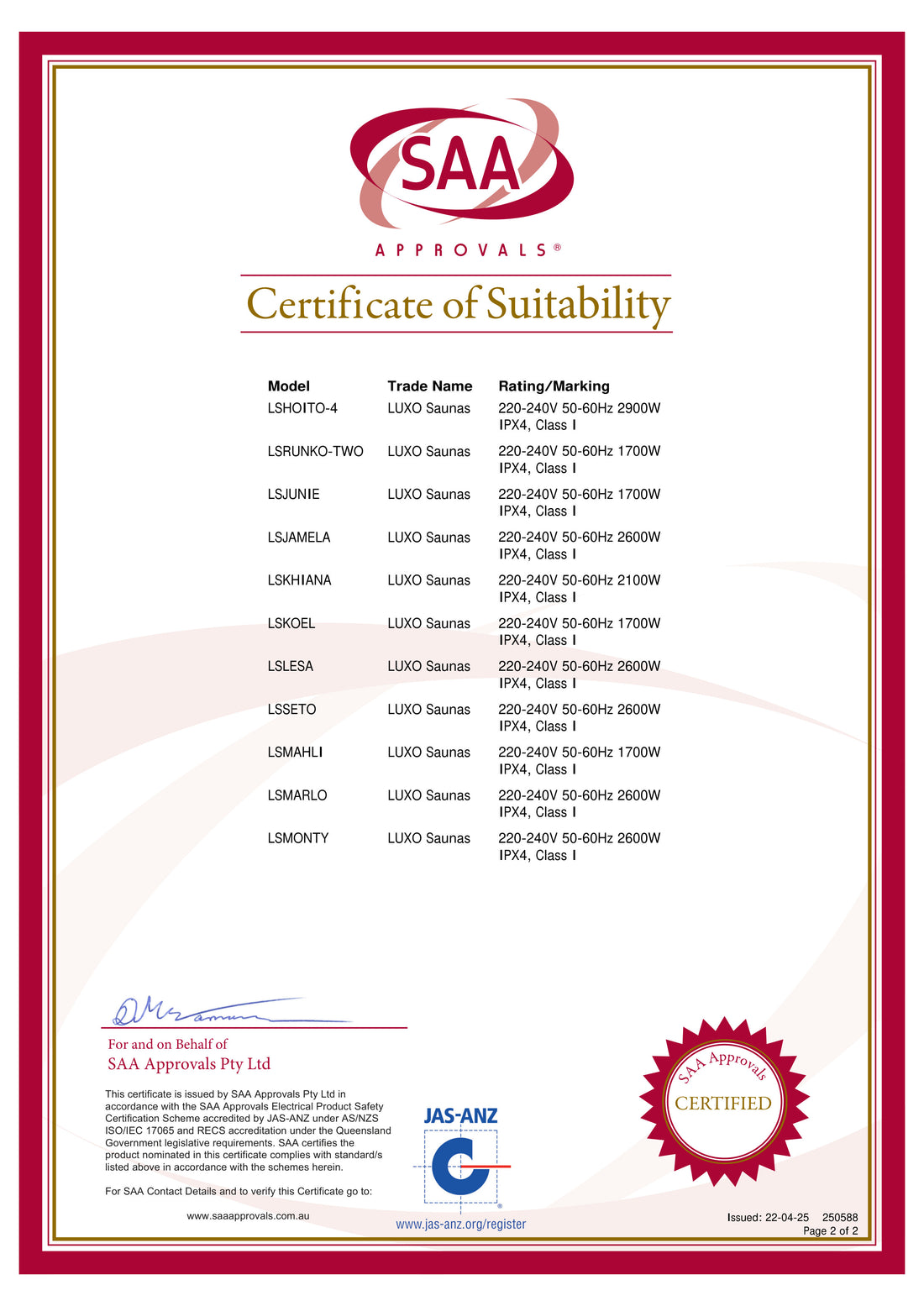 Certificate of Suitability for Hoito 4-Person Full Spectrum Infrared Sauna with Floor Heaters, issued by SAA Approvals Pty Ltd, listing model numbers, trade name, ratings, compliance, and certification details.