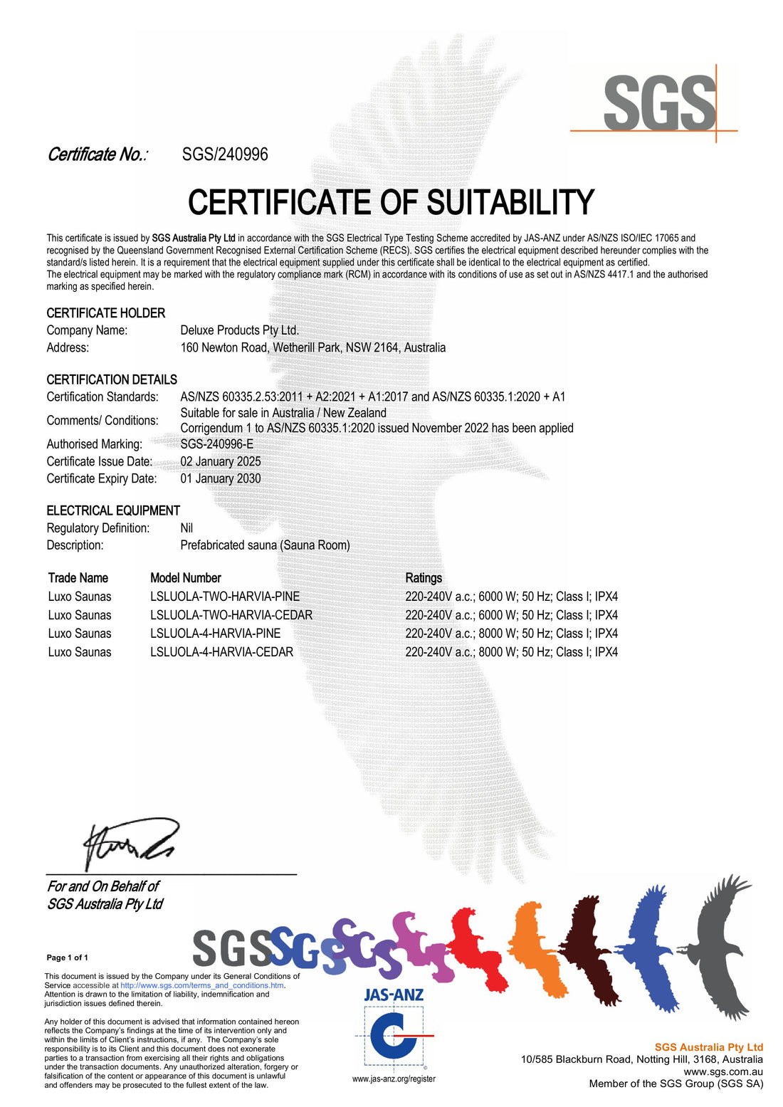 Luola 2 Person Pine Outdoor Barrel Sauna & Harvia Stove certificate, verifying compliance with Australian/New Zealand safety standards, issued by SGS Australia with model and electrical specifications, valid until January 2030.
