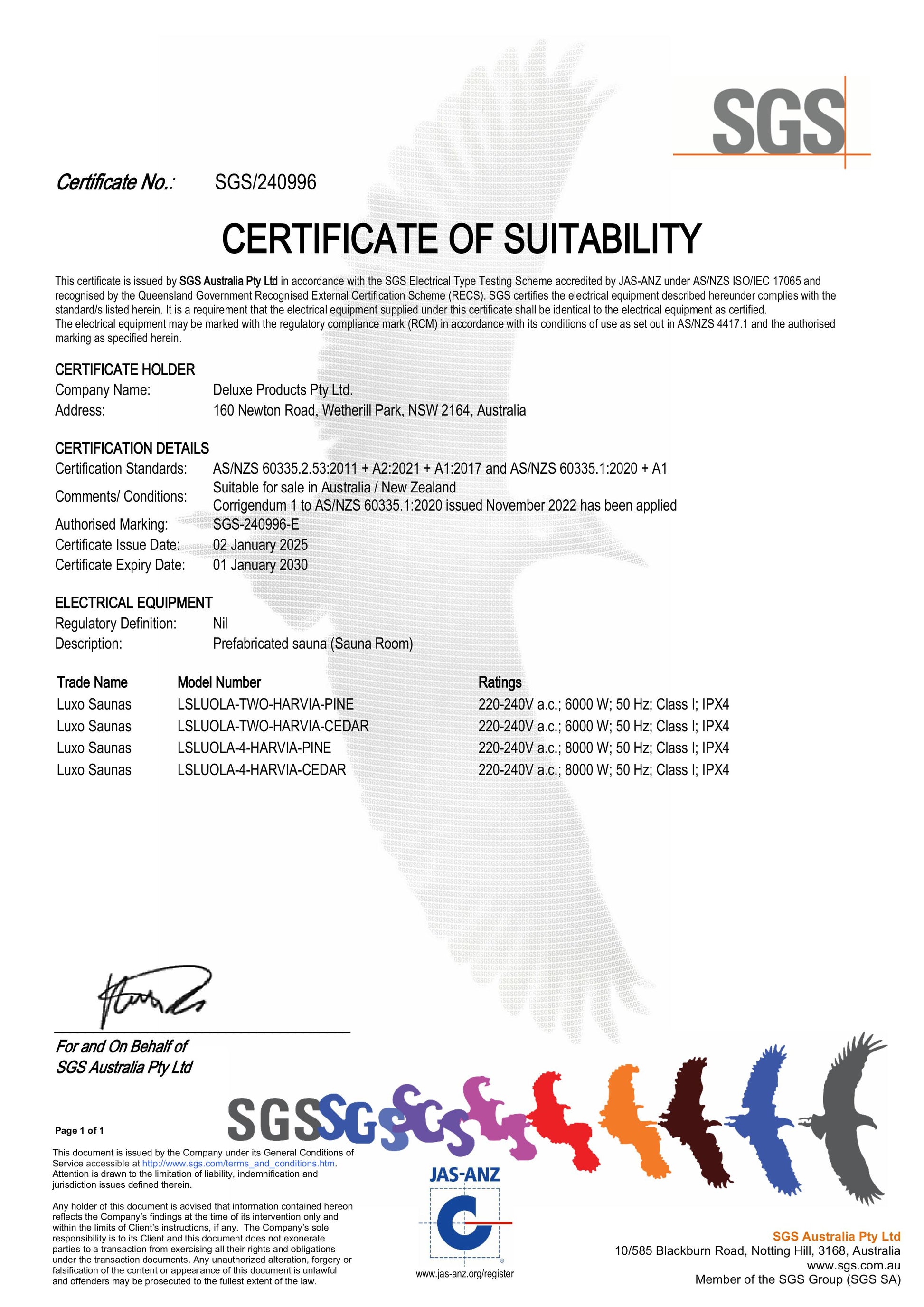 Luola 2 Person Pine Outdoor Barrel Sauna & Harvia Stove certificate, verifying compliance with Australian/New Zealand safety standards, issued by SGS Australia with model and electrical specifications, valid until January 2030.
