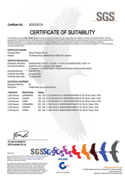 Kiima 3-Person Hybrid Infrared & Finnish Outdoor Sauna in Natural, certified by SGS for safety compliance, features fir wood design, tempered glass door, and hybrid heating—infrared panels and Finnish stove.