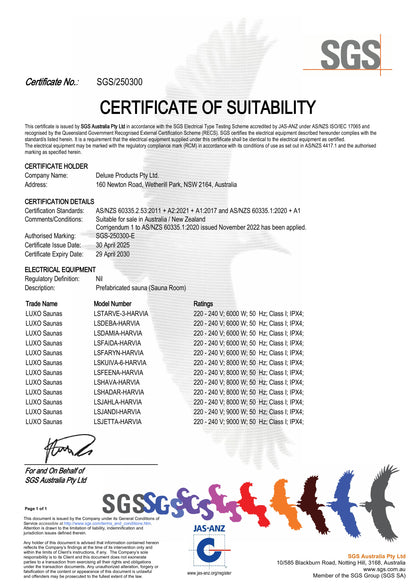 Tarve 3 Person Finnish Indoor Home Sauna with Harvia Stove, featuring a panoramic glass front, Canadian Hemlock construction, and SGS certification details, including model listings and safety standards compliance.