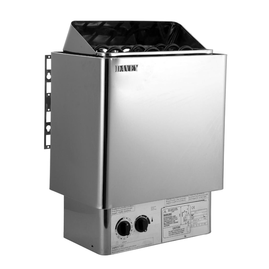 Stainless-steel Kivi 3-Person Traditional Stove Finnish Indoor Home Sauna featuring a wall-mounted Davey electric heater, complete with rock tray and front control knobs for authentic sauna experiences.