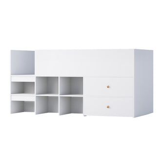 Adalyn Single Kids Storage Bed in White featuring integrated storage with two pull-out drawers and open cubby compartments beneath a low-profile platform, designed for a single mattress with protective rail guards.