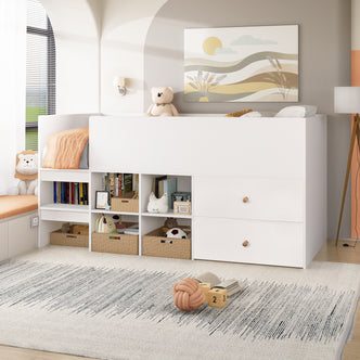 Adalyn Single Kids Storage Bed in White features under-bed storage with two large drawers and cubby compartments. The bed is accented with a larger teddy bear and a minimalist landscape canvas above.
