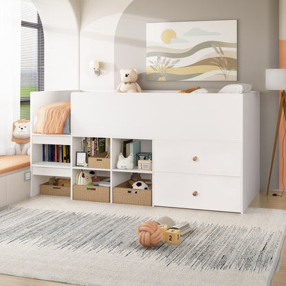 Adalyn Single Kids Storage Bed in White features under-bed storage with two large drawers and cubby compartments. The bed is accented with a larger teddy bear and a minimalist landscape canvas above.
