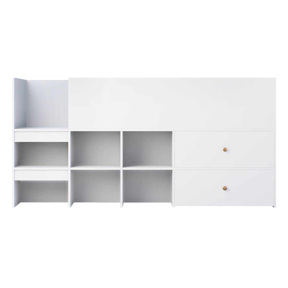 Adalyn Single Kids Storage Bed in White featuring a modular unit with eight cubby holes, two drawer compartments, a raised back panel, and a shallow shelf, blending functionality with modern design.