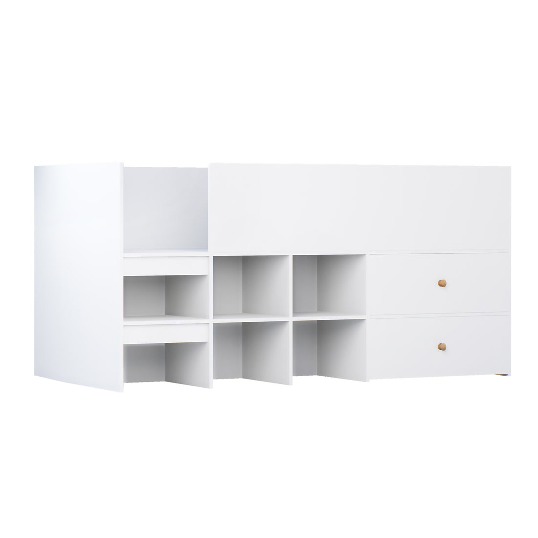 Adalyn Single Kids Storage Bed in White features a modular storage unit with two drawers, six open cubbies, and vertical shelves, enhancing organization and space-saving in children's rooms.