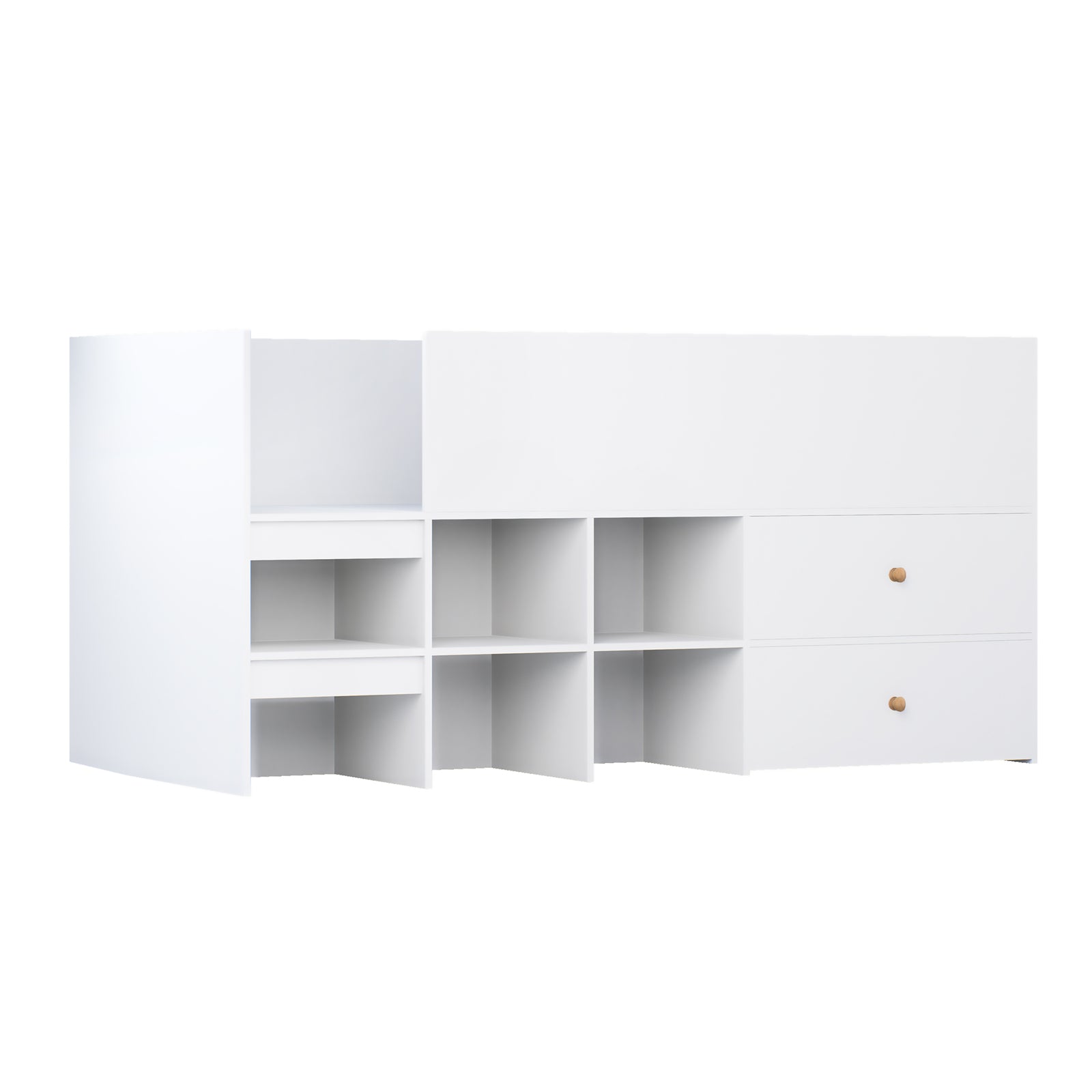 Adalyn Single Kids Storage Bed in White features a modular storage unit with two drawers, six open cubbies, and vertical shelves, enhancing organization and space-saving in children's rooms.