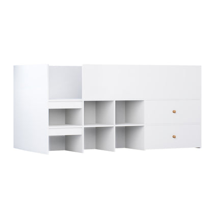 Adalyn Single Kids Storage Bed in White features a modular storage unit with two drawers, six open cubbies, and vertical shelves, enhancing organization and space-saving in children's rooms.
