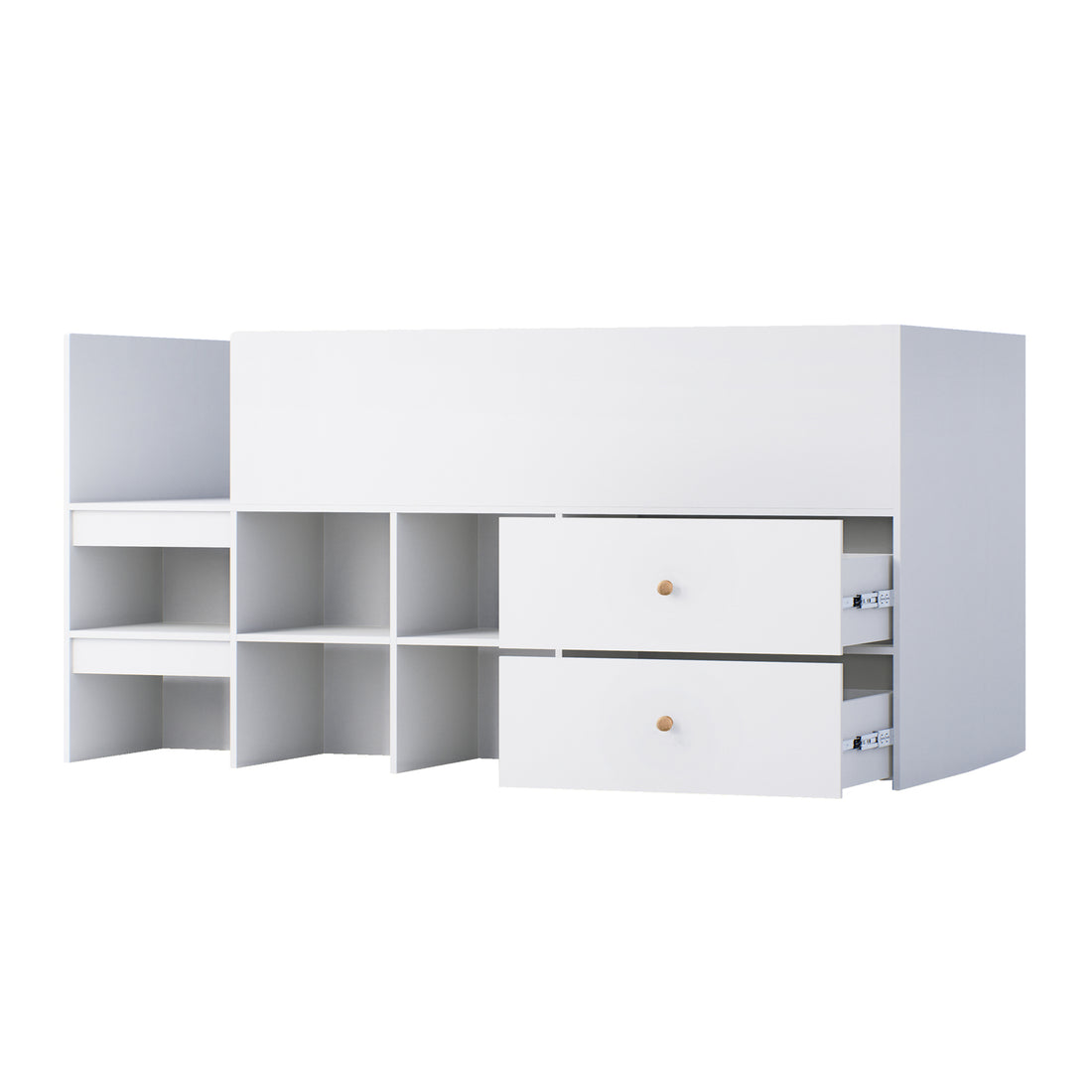 Adalyn Single Kids Storage Bed in White, featuring open cubby shelves on the left and two drawers on the right, ideal for organizing toys and clothes, with a flat top for versatile use.