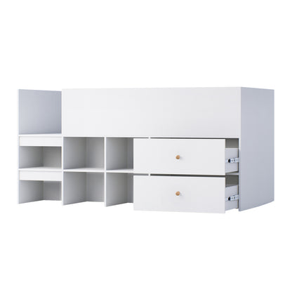 Adalyn Single Kids Storage Bed in White, featuring open cubby shelves on the left and two drawers on the right, ideal for organizing toys and clothes, with a flat top for versatile use.