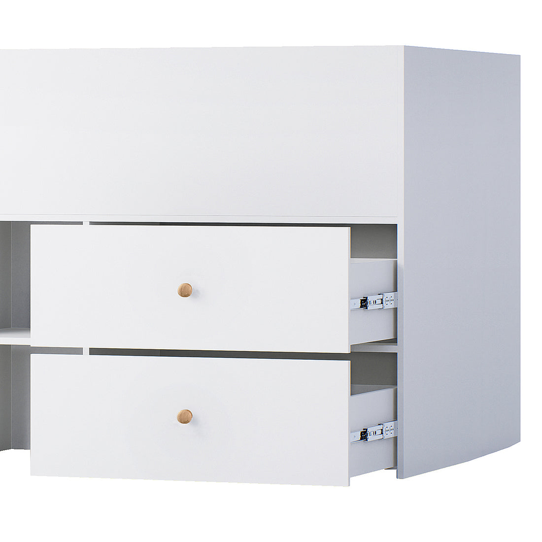 Adalyn Single Kids Storage Bed in White showcasing a sleek storage unit with two drawers slightly open, revealing metal slides, rounded edges, and minimalist wooden knobs, emphasizing its modern, child-friendly design.