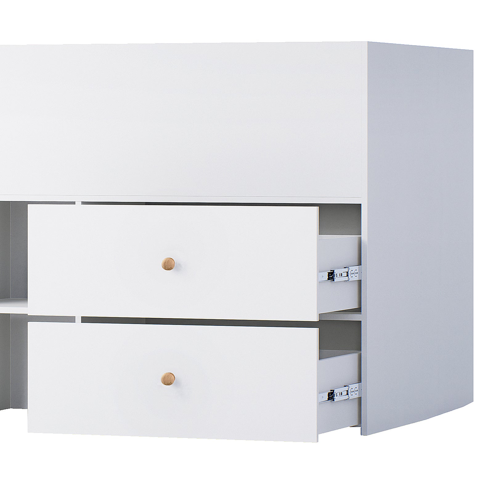 Adalyn Single Kids Storage Bed in White showcasing a sleek storage unit with two drawers slightly open, revealing metal slides, rounded edges, and minimalist wooden knobs, emphasizing its modern, child-friendly design.