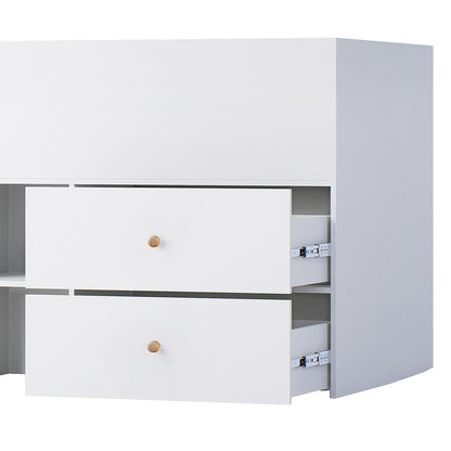 Adalyn Single Kids Storage Bed in White showcasing a sleek storage unit with two drawers slightly open, revealing metal slides, rounded edges, and minimalist wooden knobs, emphasizing its modern, child-friendly design.