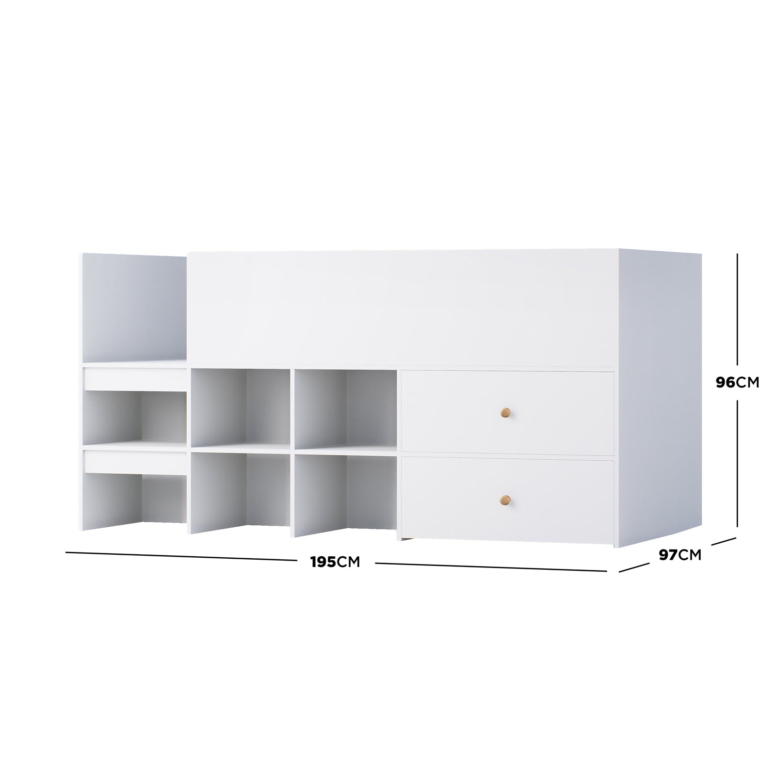 Adalyn Single Kids Storage Bed in White, featuring a low-profile design with built-in storage, including two shelf tiers, four open cubbies, and two large pull-out drawers for efficient organization.