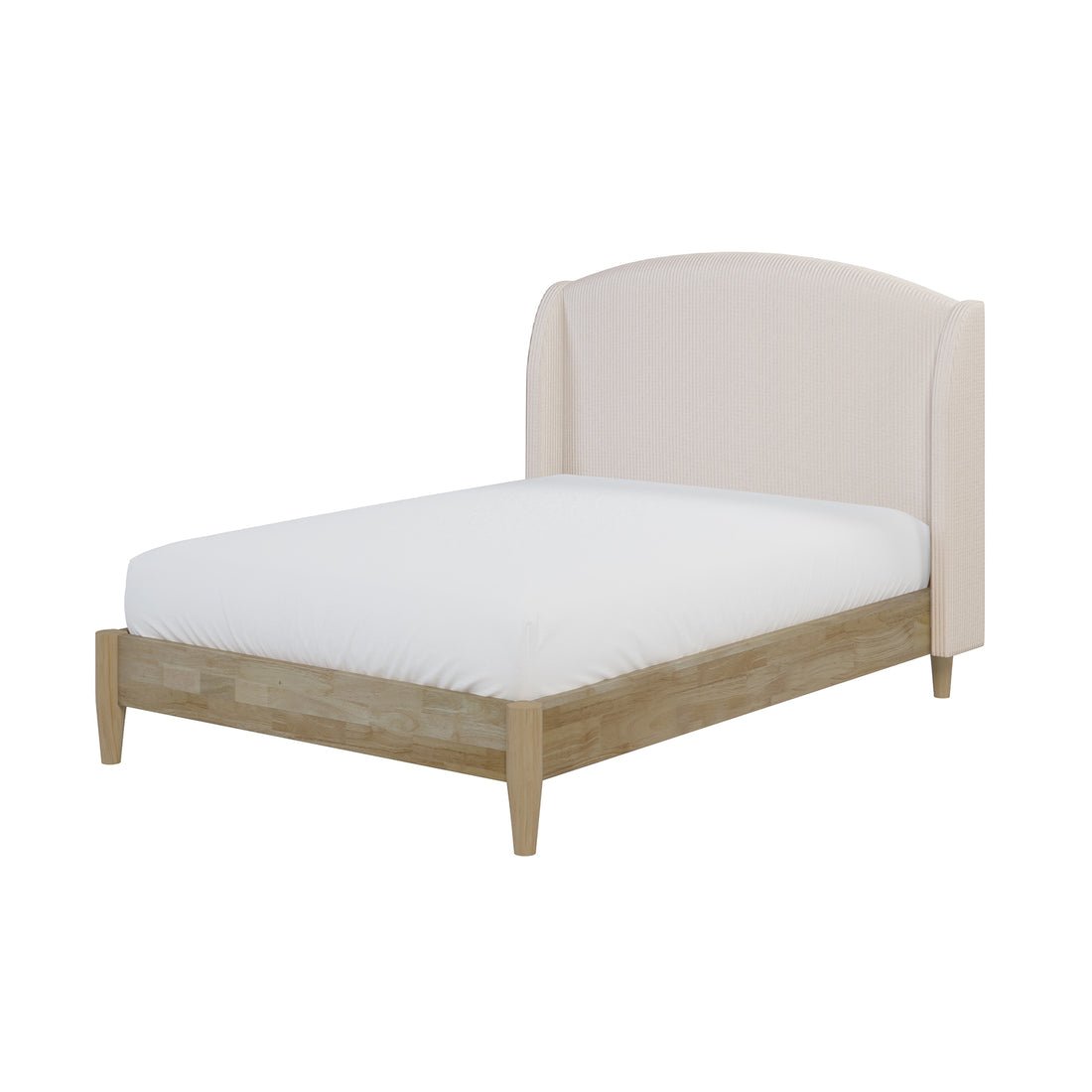 Aetiusa Winged Fabric Hardwood Bed Frame - Beige, showcasing a sturdy wooden leg, white sheet, and integrated white headboard, highlighting its elegant design and durable construction.