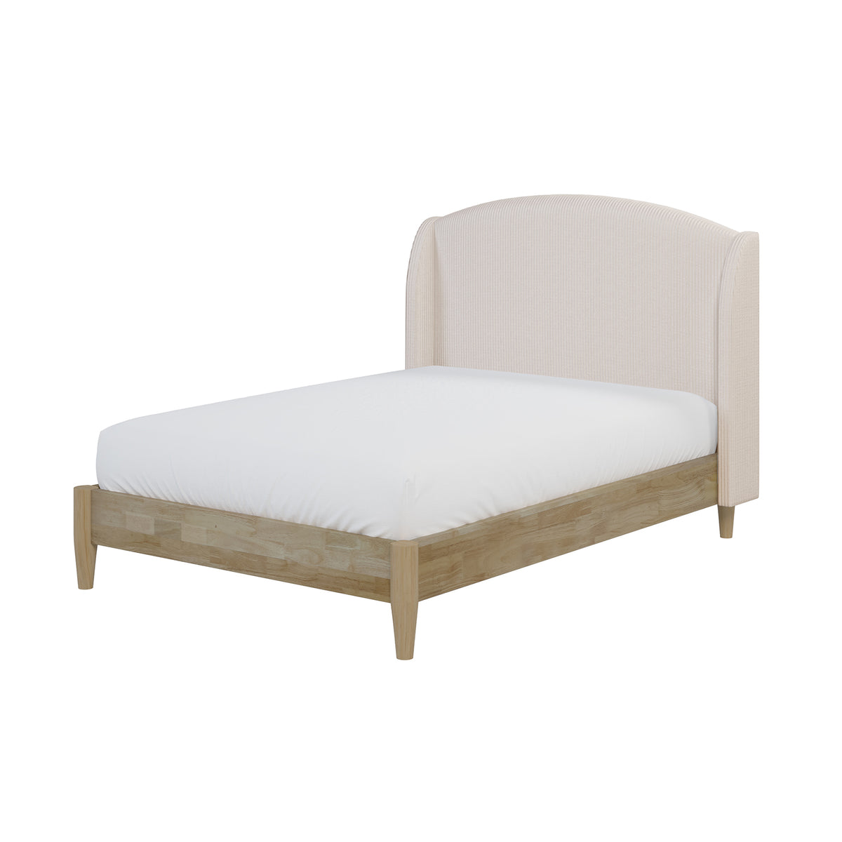 Aetiusa Winged Fabric Hardwood Bed Frame - Beige, showcasing a sturdy wooden leg, white sheet, and integrated white headboard, highlighting its elegant design and durable construction.