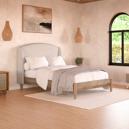 Aetiusa Winged Fabric Hardwood Bed Frame - Beige displayed in a modern bedroom setting, showcasing its soft padded headboard, sturdy hardwood frame, and elegant winged design, enhancing both comfort and style.