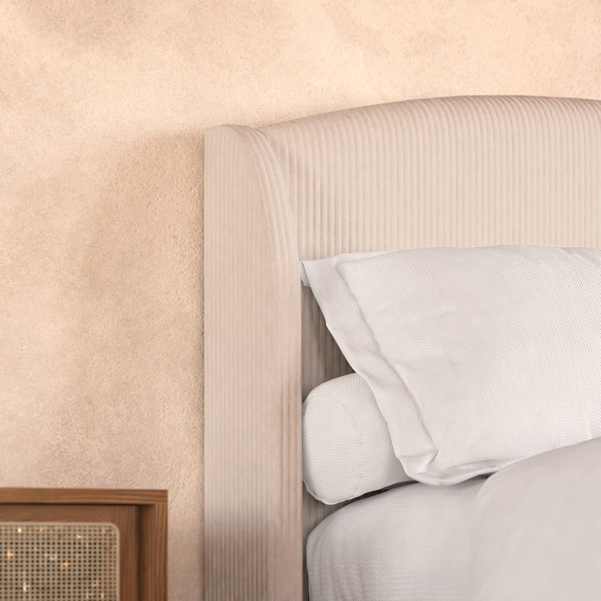 Aetiusa Winged Fabric Hardwood Bed Frame - Beige Double featuring a cushioned headboard and sturdy hardwood frame, showcased with a white pillow on an indoor bed setting.