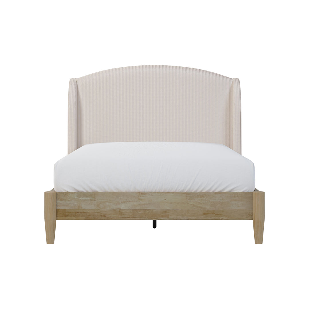 Aetiusa Winged Fabric Hardwood Bed Frame - Beige Double features a white futon pad, white sheets, and a white pillow on a sturdy, elegantly designed frame with a padded headboard.