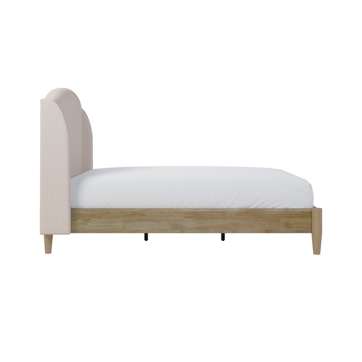 Aetiusa Winged Fabric Hardwood Bed Frame - Beige Double featuring a padded headboard with soft corduroy upholstery and a sturdy hardwood frame, showcased in a modern bedroom setting.
