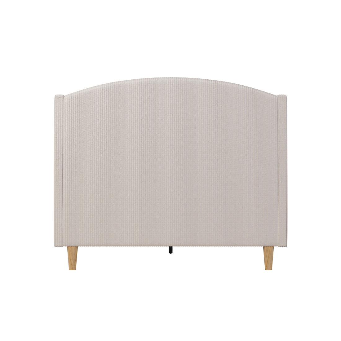 Aetiusa Winged Fabric Hardwood Bed Frame - Beige Double, showcasing the back of its elegant winged headboard and sturdy construction, highlighting premium corduroy upholstery and integrated slat system for enhanced support.