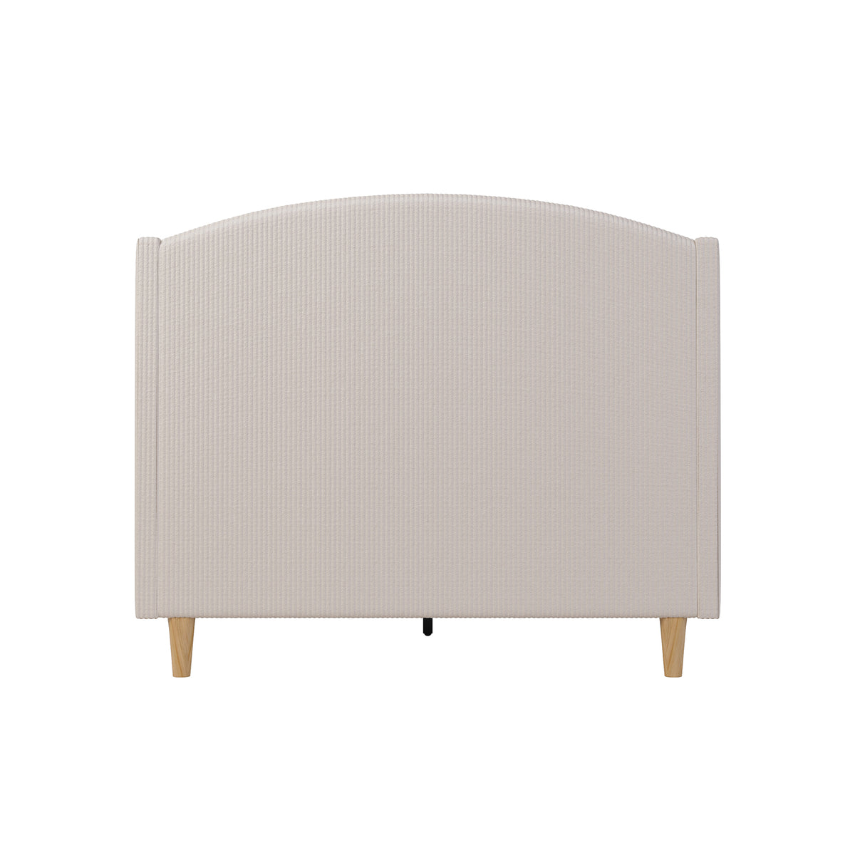 Aetiusa Winged Fabric Hardwood Bed Frame - Beige Double, showcasing the back of its elegant winged headboard and sturdy construction, highlighting premium corduroy upholstery and integrated slat system for enhanced support.