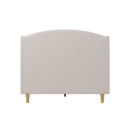 Aetiusa Winged Fabric Hardwood Bed Frame - Beige Double, showcasing the back of its elegant winged headboard and sturdy construction, highlighting premium corduroy upholstery and integrated slat system for enhanced support.