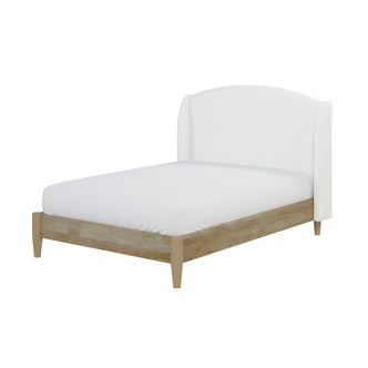 Aetiusa Winged Fabric Hardwood Bed Frame - Snow White features a wooden frame with a soft, padded headboard and integrated slats, showcasing a modern winged design with sturdy wooden legs.