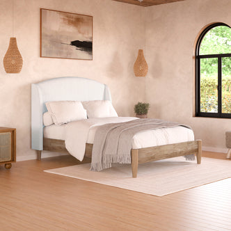 Aetiusa Winged Fabric Hardwood Bed Frame - Snow White features a plush, winged headboard with corduroy upholstery, integrated slat system, and solid wood construction, ideal for enhancing modern bedroom aesthetics.