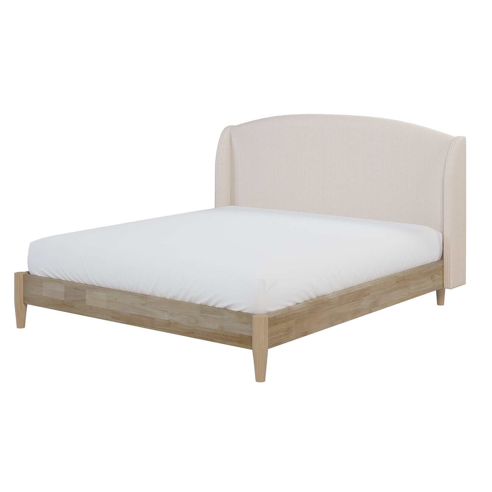 Close-up of the Aetiusa Winged Fabric Hardwood Bed Frame - Beige, showcasing the wood leg, white fabric headboard, and white sheet, highlighting the bed's elegant and sturdy design.