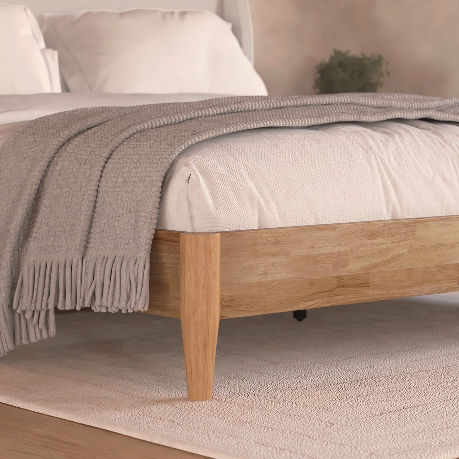 Aetiusa Winged Fabric Hardwood Bed Frame - Beige King, featuring a winged, padded headboard with soft corduroy fabric, and a sturdy hardwood frame in a modern bedroom setting.