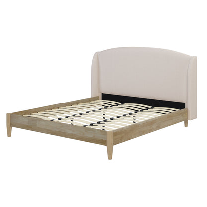 Aetiusa Winged Fabric Hardwood Bed Frame - Beige King features a close-up of its sturdy hardwood leg and a white, soft, padded headboard, showcasing its modern, elegant design.
