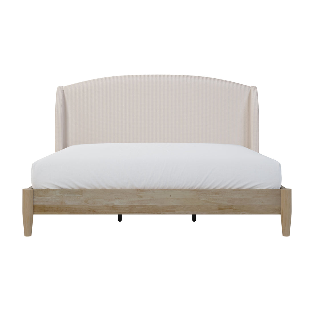 Aetiusa Winged Fabric Hardwood Bed Frame - Beige King, featuring a soft padded headboard and sturdy hardwood frame with integrated slats and winged design, resting on a wooden surface.