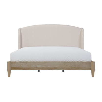 Aetiusa Winged Fabric Hardwood Bed Frame - Beige King, featuring a soft padded headboard and sturdy hardwood frame with integrated slats and winged design, resting on a wooden surface.