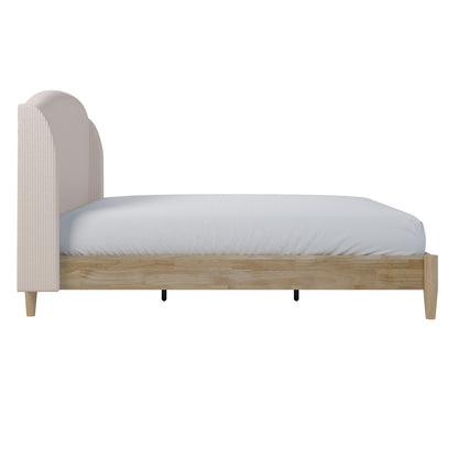 Aetiusa Winged Fabric Hardwood Bed Frame - Beige, featuring a winged, curved headboard with soft corduroy upholstery, displayed in a minimalist setting with visible sturdy wooden elements.