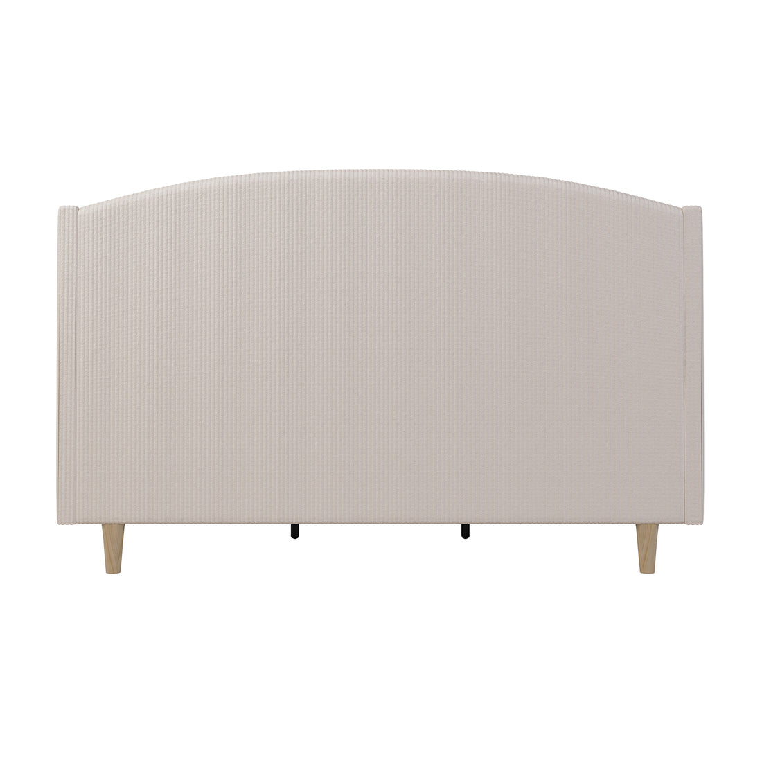 Close-up of Aetiusa Winged Fabric Hardwood Bed Frame - Beige King, highlighting the padded headboard's winged design and the durable hardwood frame, showcasing modern elegance and comfort in bedroom furniture.