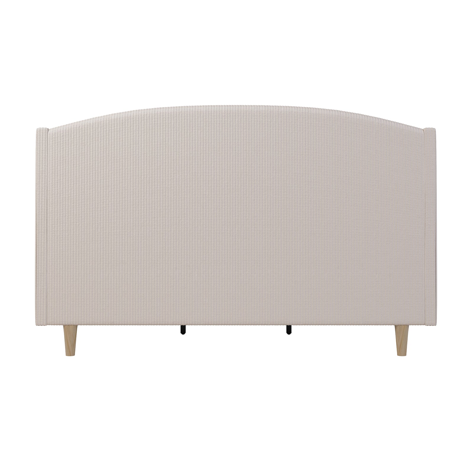 Close-up of Aetiusa Winged Fabric Hardwood Bed Frame - Beige King, highlighting the padded headboard's winged design and the durable hardwood frame, showcasing modern elegance and comfort in bedroom furniture.