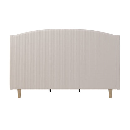 Close-up of Aetiusa Winged Fabric Hardwood Bed Frame - Beige King, highlighting the padded headboard's winged design and the durable hardwood frame, showcasing modern elegance and comfort in bedroom furniture.