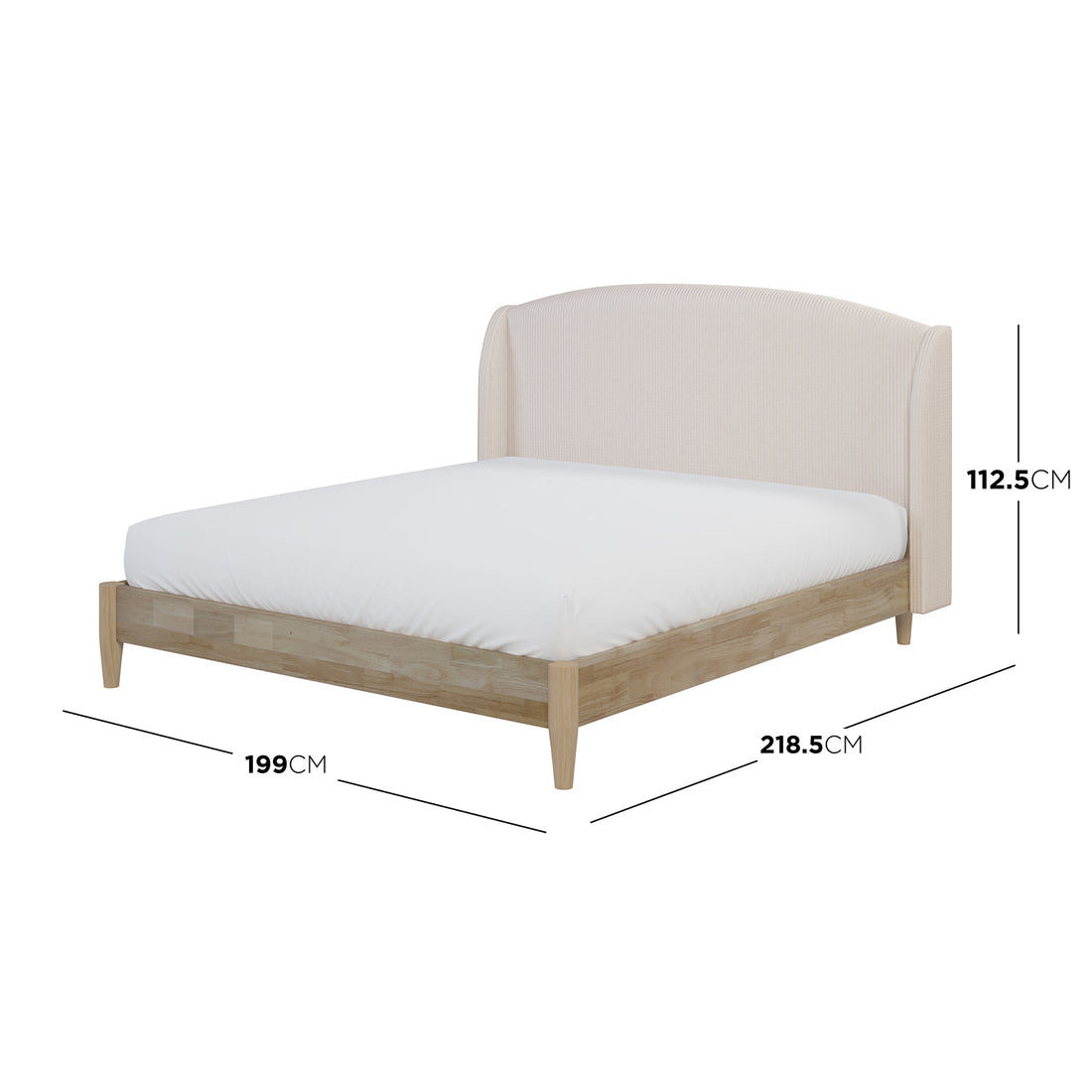 Aetiusa Winged Fabric Hardwood Bed Frame - Beige King features a wooden frame with a padded headboard, showcasing a modern winged design and sturdy legs, complemented by neatly arranged white sheets.