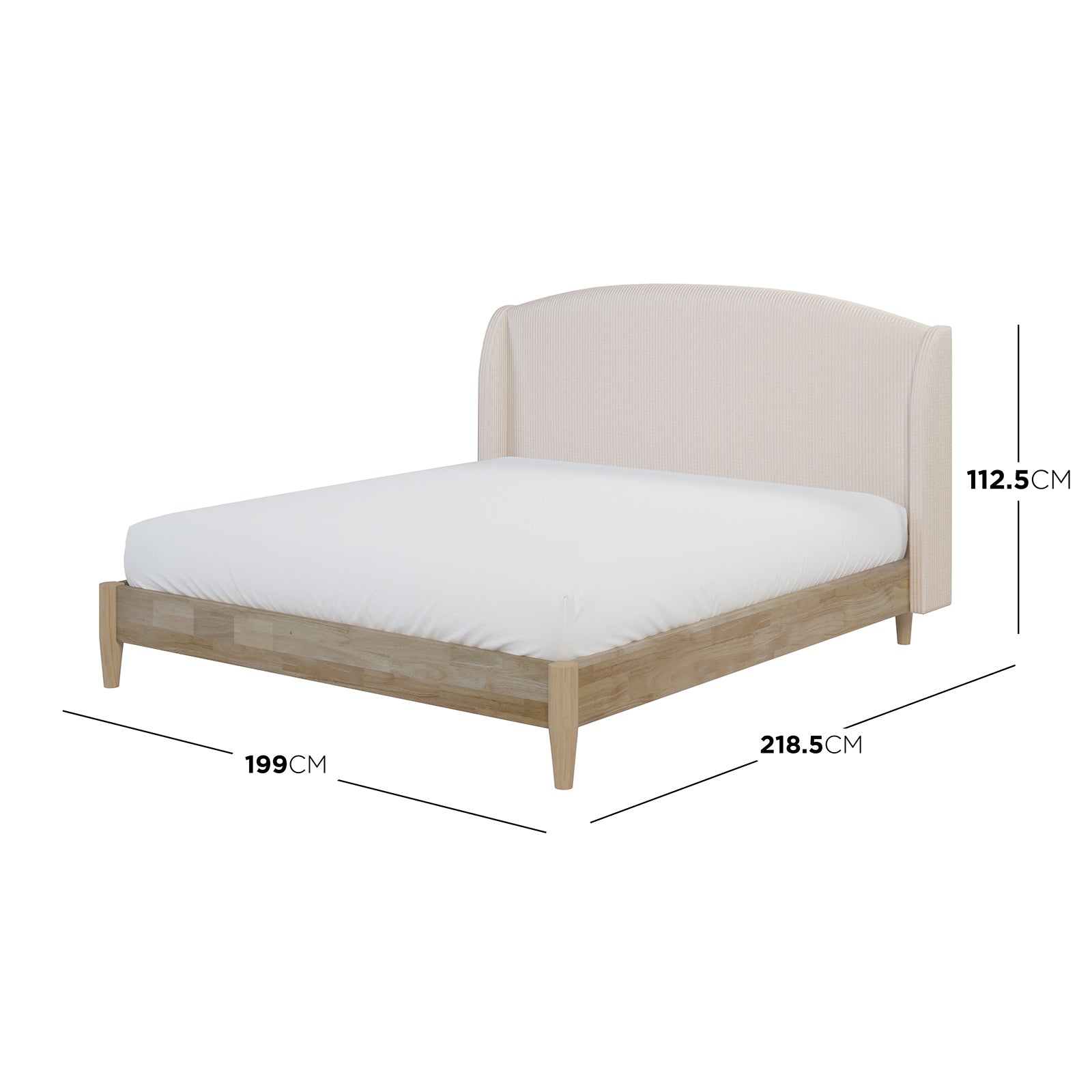 Aetiusa Winged Fabric Hardwood Bed Frame - Beige King features a wooden frame with a padded headboard, showcasing a modern winged design and sturdy legs, complemented by neatly arranged white sheets.