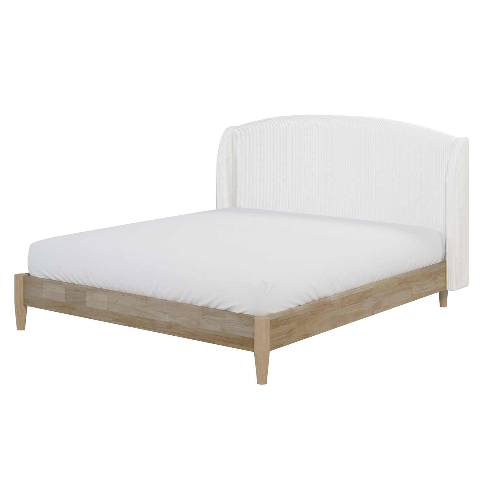 Aetiusa Winged Fabric Hardwood Bed Frame - Snow White, showcasing its elegant wooden legs and sleek, winged headboard design with luxurious corduroy upholstery, emphasizing modern style and comfort.