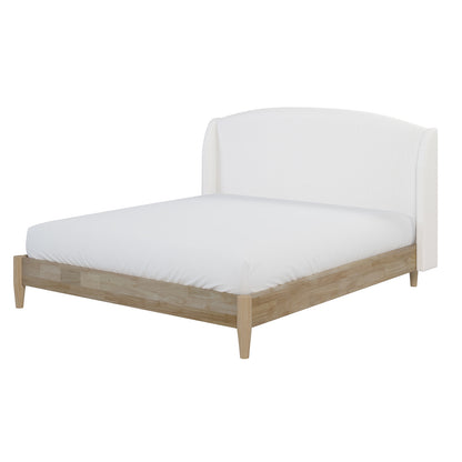 Aetiusa Winged Fabric Hardwood Bed Frame - Snow White, showcasing its elegant wooden legs and sleek, winged headboard design with luxurious corduroy upholstery, emphasizing modern style and comfort.