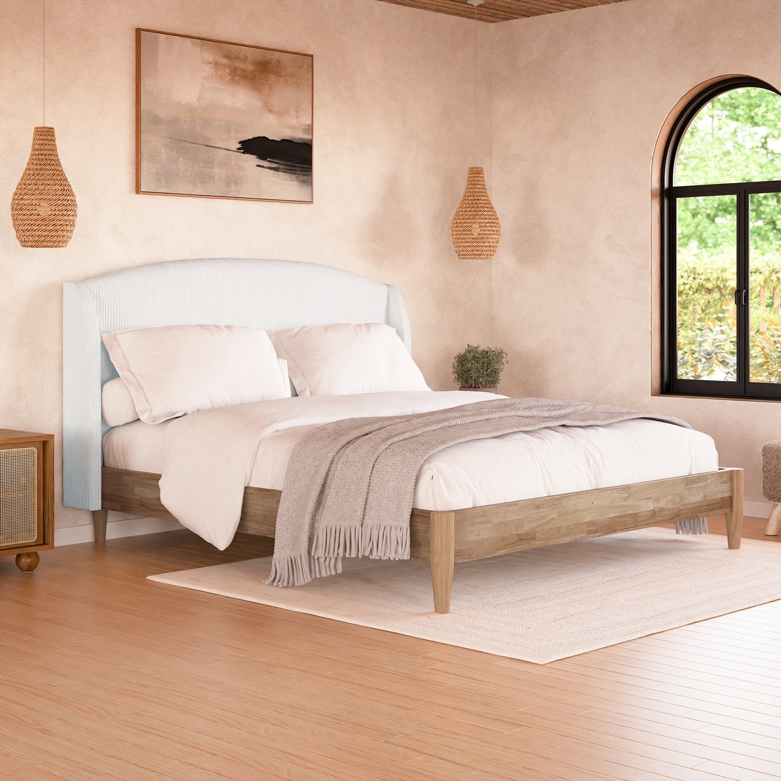 Aetiusa Winged Fabric Hardwood Bed Frame in Snow White, showcasing its plush, padded headboard with soft corduroy upholstery, integrated slat system, and elegant winged design.