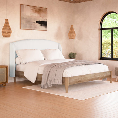 Aetiusa Winged Fabric Hardwood Bed Frame in Snow White, showcasing its plush, padded headboard with soft corduroy upholstery, integrated slat system, and elegant winged design.