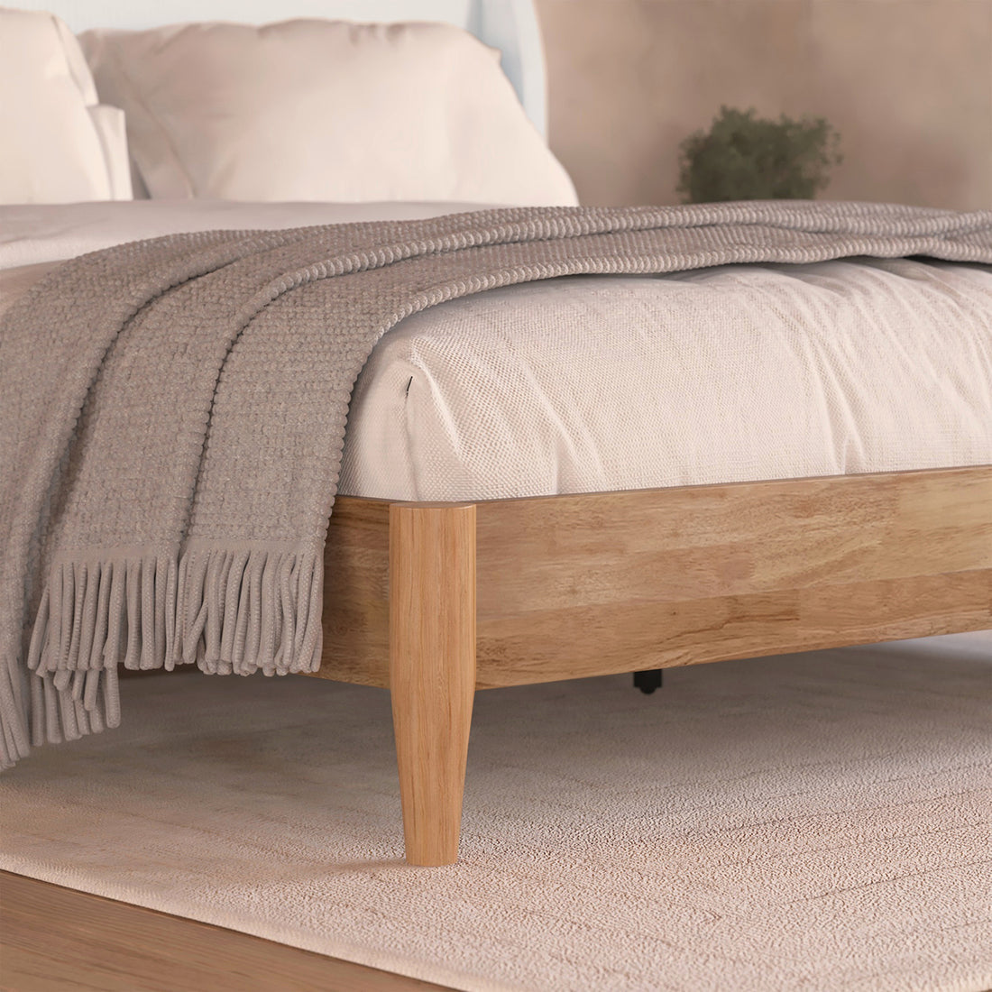 Close-up of the Aetiusa Winged Fabric Hardwood Bed Frame, showcasing its luxurious corduroy-upholstered, padded headboard, highlighting the elegant winged design and sturdy construction.