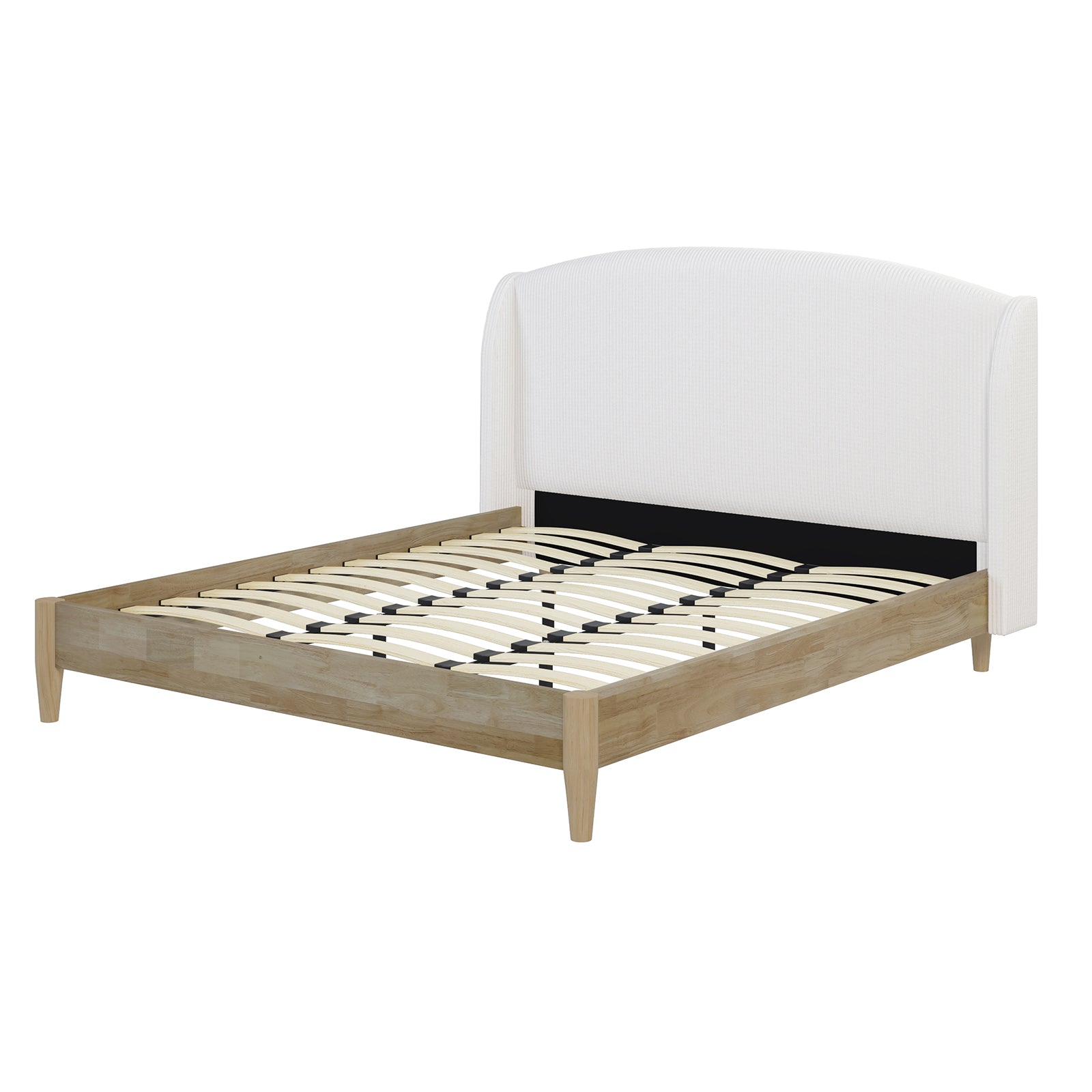 Aetiusa Winged Fabric Hardwood Bed Frame - Snow White King features a soft, padded headboard with a winged design and sturdy wooden legs, perfect for a modern bedroom aesthetic.